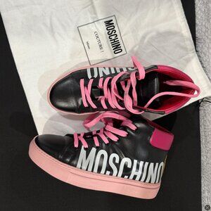 MOSCHINO Maxi Logo Calfskin High Sneakers In Black